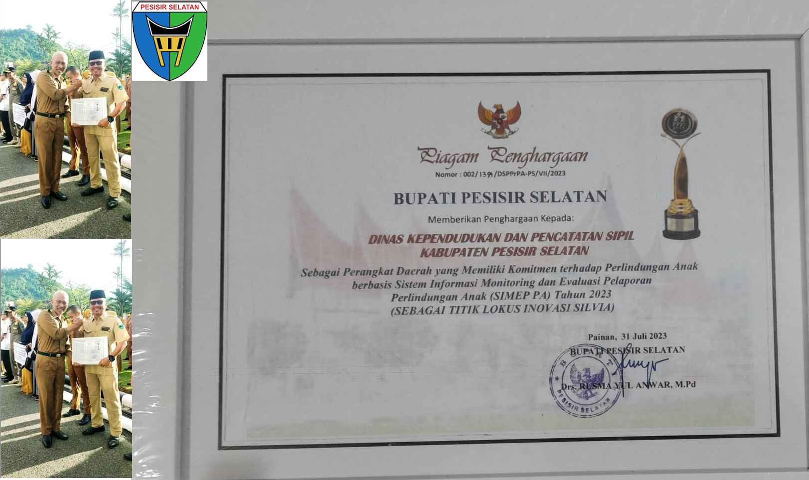 DINAS DUKCAPIL PESISIR SELATAN KEMBALI TERIMA PENGHARGAAN